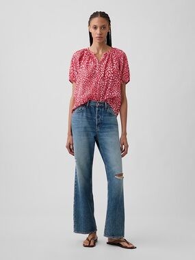 GAP Red Floral Puff-Sleeve Peasant Blouse